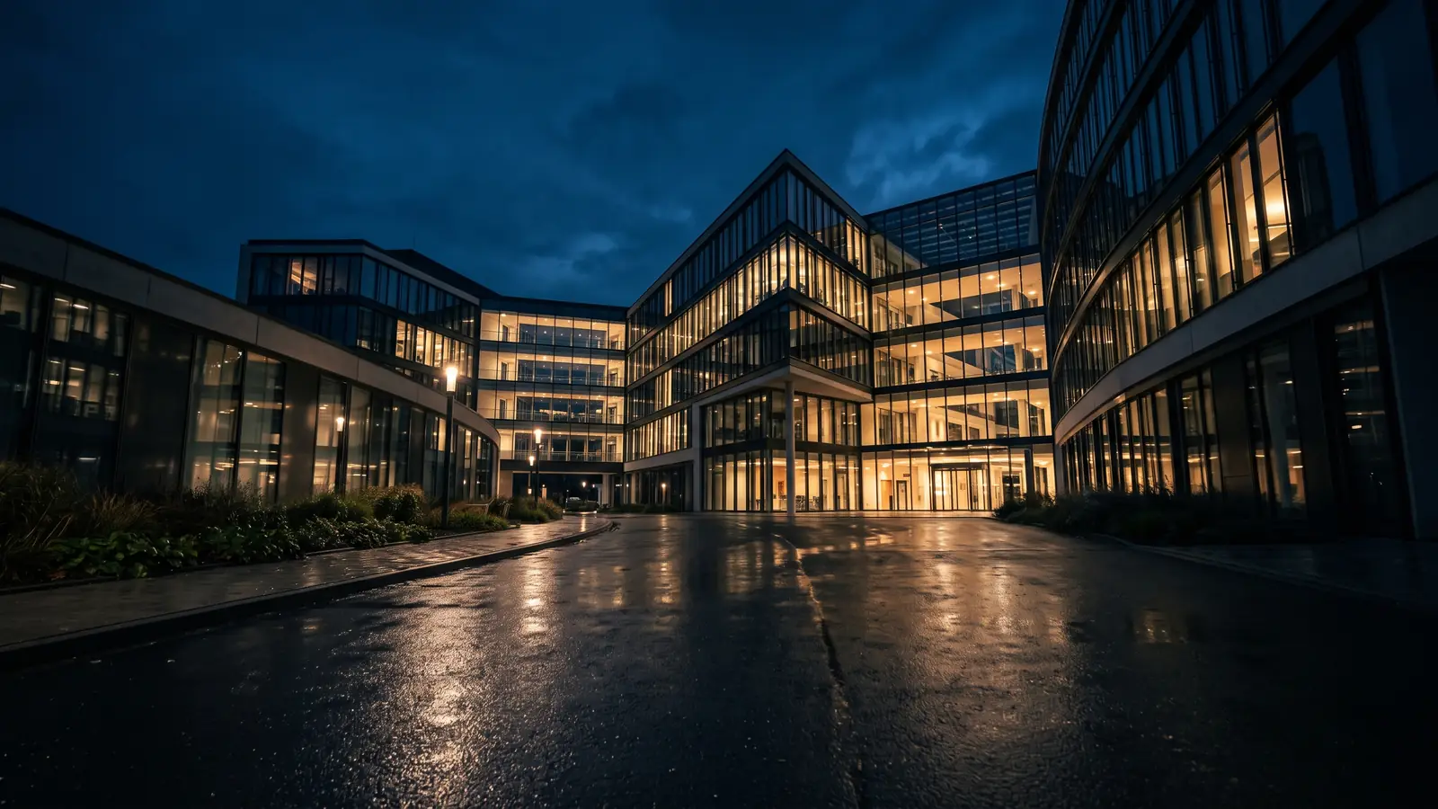 Gewerbeobjekt zur blauen Stunde – geschützt durch professionellen Brandschutz