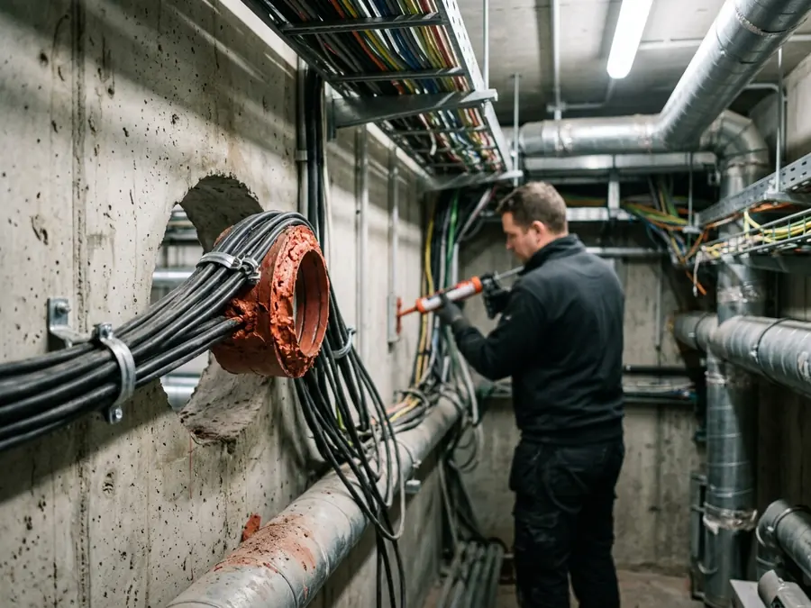 Fachgerechte Brandabschottung einer Kabeldurchführung im baulichen Brandschutz