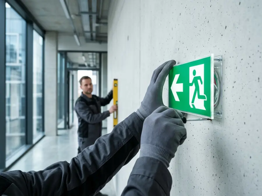 Montage eines normgerechten Rettungszeichens im Flur eines Gewerbeobjekts