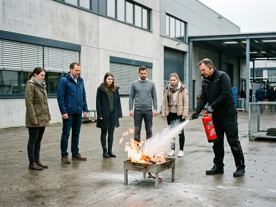 Praktische Löschübung während der Brandschutzhelfer-Ausbildung auf einem Firmengelände
