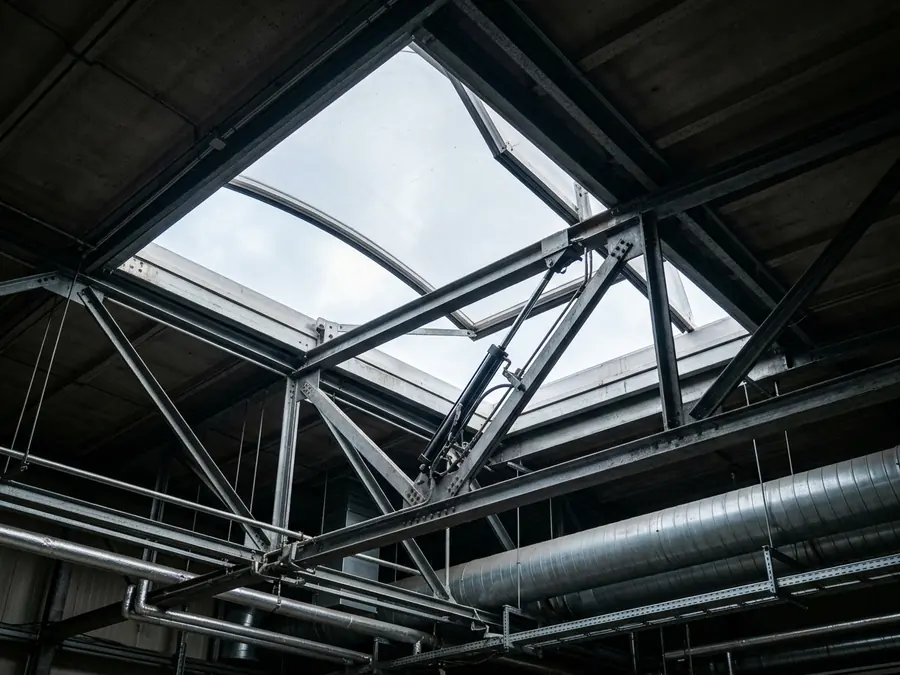 Geöffnete Rauch- und Wärmeabzugsanlage im Dach einer Industriehalle