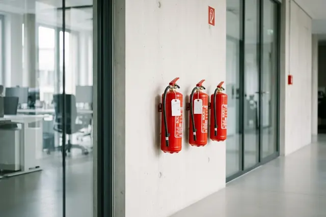 Geprüfte Feuerlöscher im Flur eines Bürogebäudes