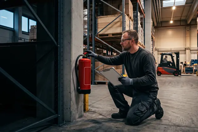 Feuerlöscherprüfung in einer Lagerhalle